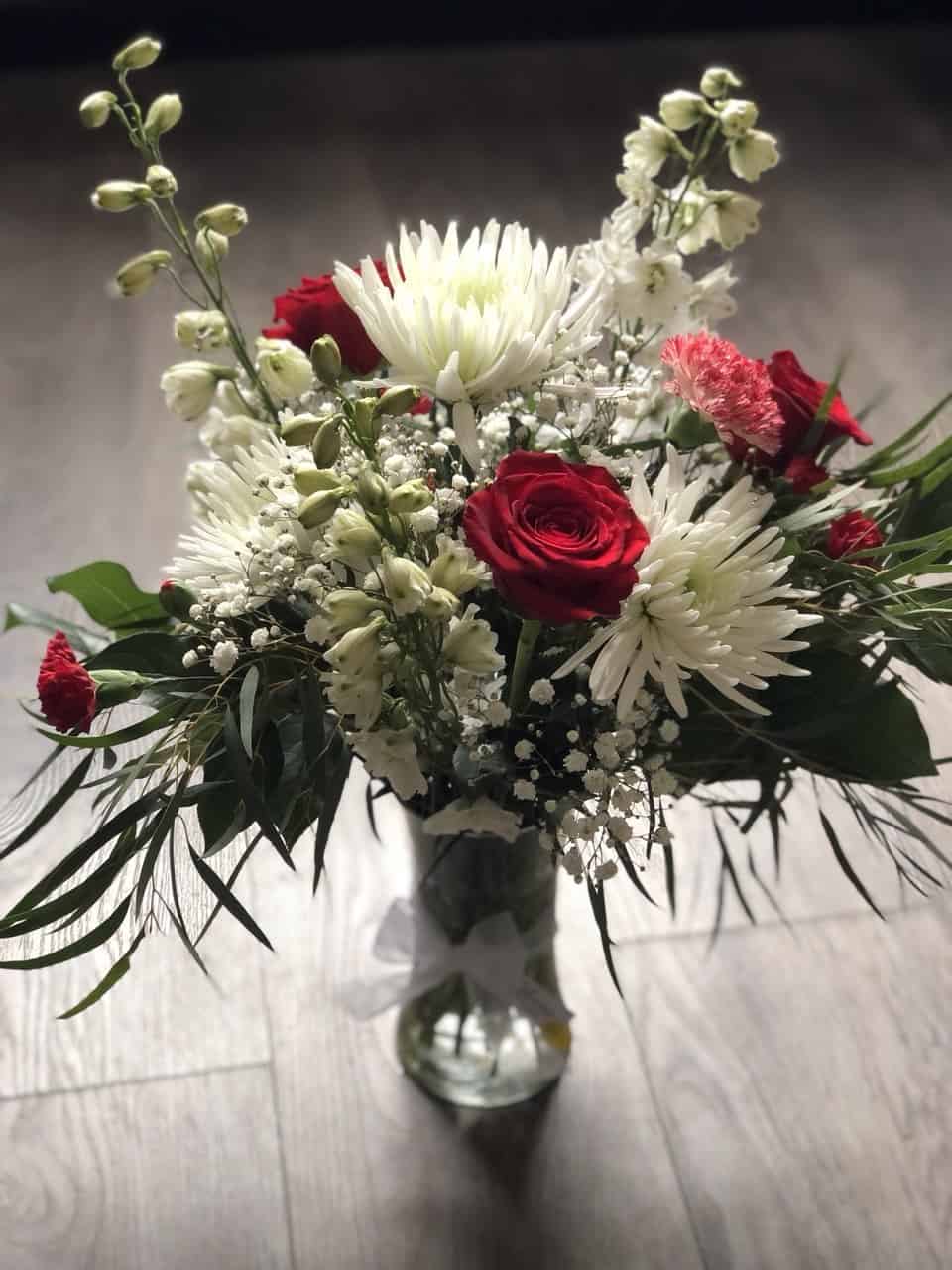 Red Rose & White Mum Vase Arrangement